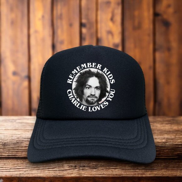 Charles Manson Mens Trucker Hat Black Remember Kids Charlie Loves You Ball Cap - Picture 1 of 4